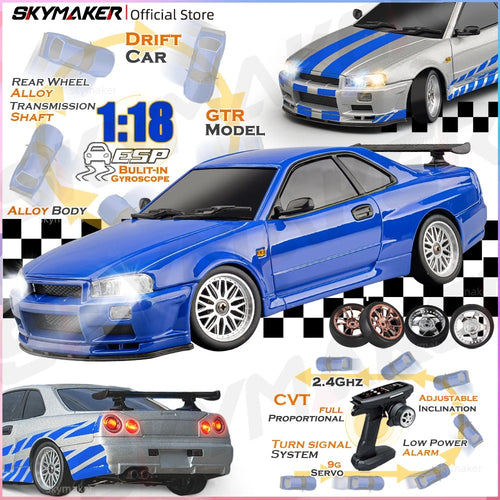 LDRC 1/18 RC Drift Car LD1899 GTR Mode R34 2.4GHz RWD with Gyroscope on-Road Alloy Body Shell Racing Car