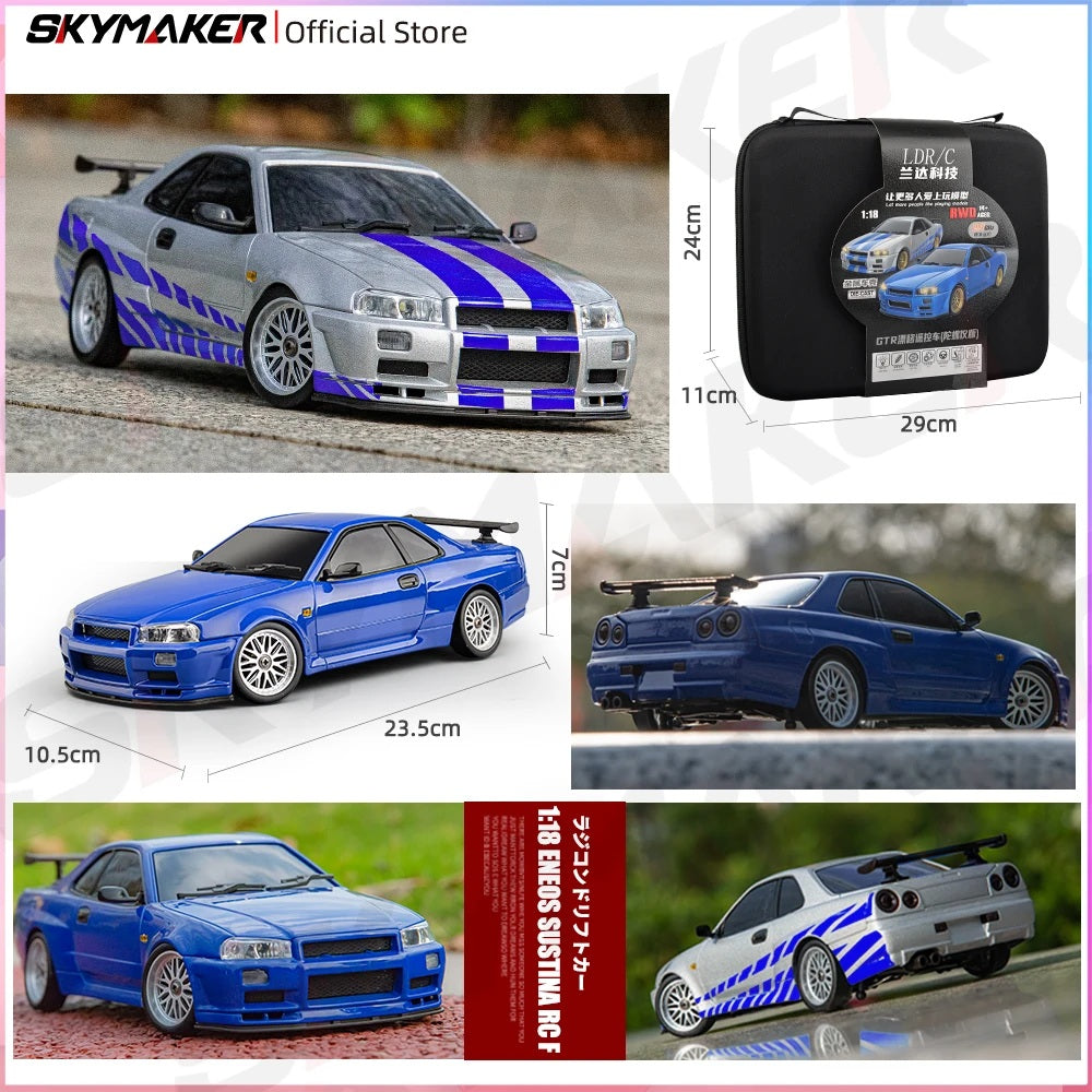 LDRC 1/18 RC Drift Car LD1899 GTR Mode R34 2.4GHz RWD with Gyroscope on-Road Alloy Body Shell Racing Car